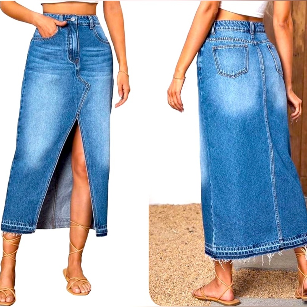 Asymmetric Mid Split Premium Denim Skirt - Picture 1 of 1
